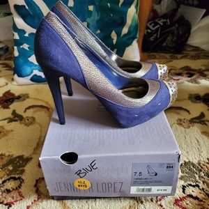 Jennifer Lopez Blue and Gold Suede Heels